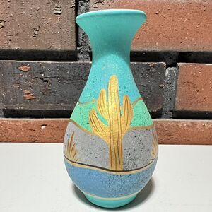 Tesa Maack Hand Painted Small Clay Vase Southwest Desert Cactus 5”